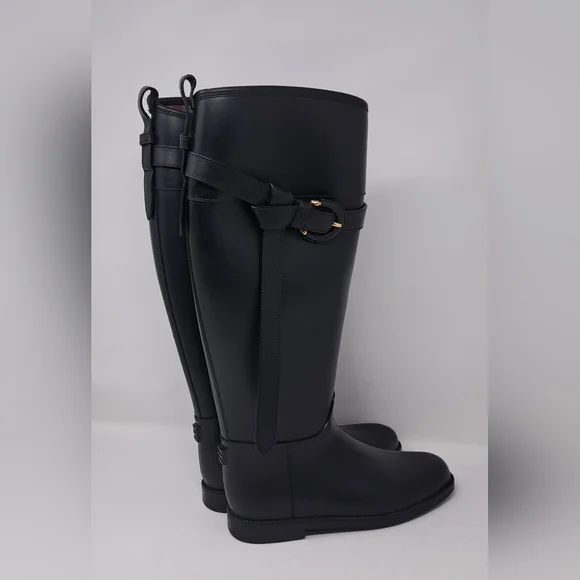 Burberry Women's Rain Boots Knee High Equestrian Black Belt Italy 36 EU 6 US - Picture 10 of 13